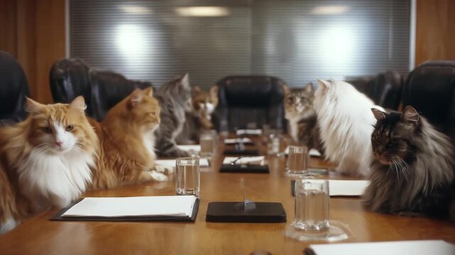 Several cats sit around a long wooden conference table, papers, and glasses, focused in a calm room