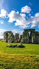 Naklejka premium Ancient stone monument stands on lush green grass beneath a cloudy sky
