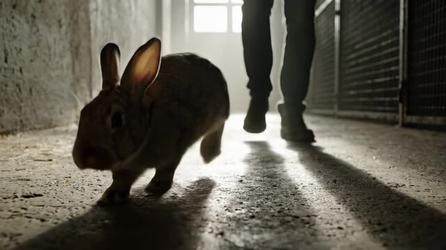 A small rabbit hops along a concrete path towards the camera as a person walks behind