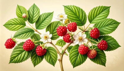 Redberry Plant Botanical Illustration with Flowers, Leaves, and Ripe Berries &ndash; Detailed Scientific Botanical Art on Cream Background