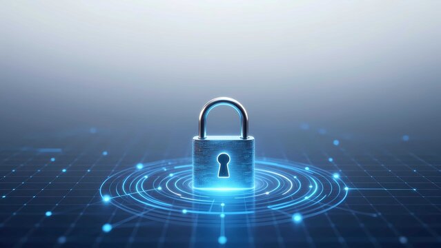 Cyber technology padlock provides digital security and protection for network safety - Powered by Adobe