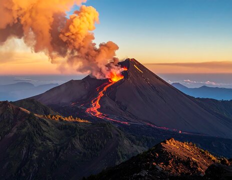 Erupting volcano at dawn, fiery lava flowing down its slopes