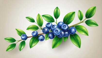 Detailed scientific botanical illustration of a blueberry plant with flowers, leaves, and ripe berries, classic hand-drawn style on a cream background