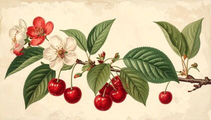 A detailed botanical illustration of the cherry plant with flowers, leaves, and ripe berries, rendered in a scientific vintage style on a soft cream background