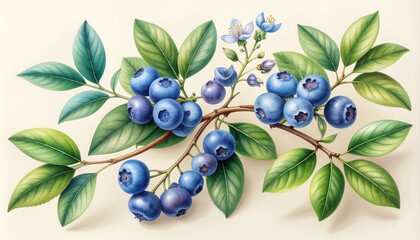 Detailed scientific botanical illustration of a blueberry plant with flowers, leaves, and ripe berries, classic hand-drawn style on a cream background
