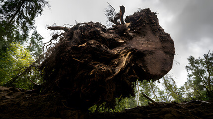 accuser. A large uprooted tree with exposed roots after a storm, dramatic natural scene. ESG reports, sustainability campaigns, designed for environmental awareness campaigns, used by professors.
