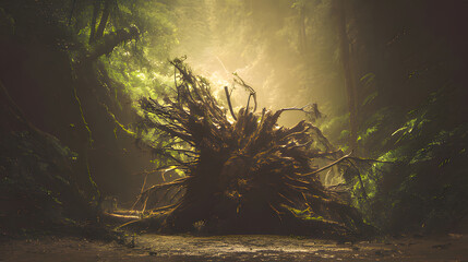 accuser. A large uprooted tree with exposed roots after a storm, dramatic natural scene. ESG reports, sustainability campaigns, designed for environmental awareness campaigns, used by professors.