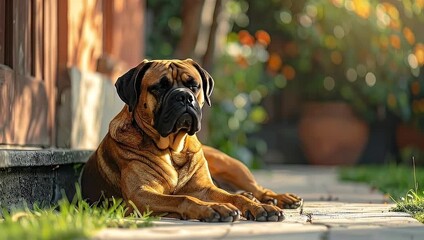 A serene bullmastiff dog resting in the sunlight, capturing tranquility and stillness outdoors