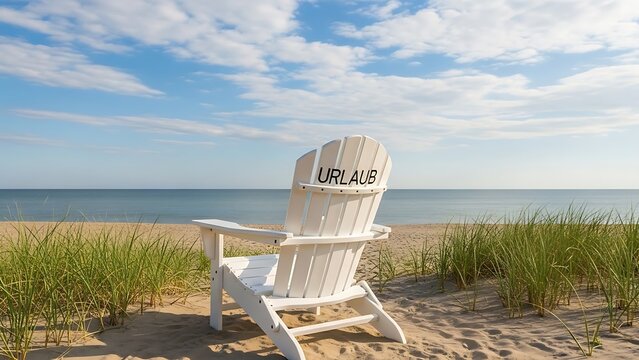 Serene beach scene with white adirondack chair and url aub