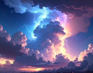 Dramatic view of lightning striking through large, fluffy clouds at sunset
