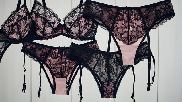 hanging black pink lace sexy lingeri.flat lay.