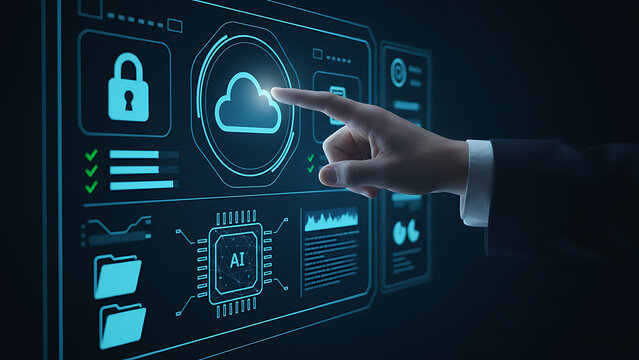 Hand interacting with holographic cloud computing interface on digital background showing cybersecurity and data synchronization concept. Digital Technology & Cybersecurity - Powered by Adobe