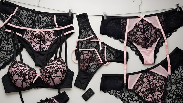 hanging black pink lace sexy lingeri.flat lay.
