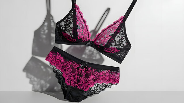 hanging black pink lace sexy lingeri.flat lay.