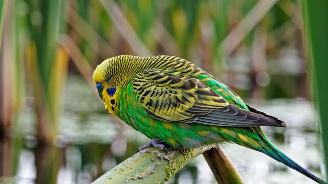 Charming close-up video of a vibrant budgerigar parrot resting on a branch outdoors