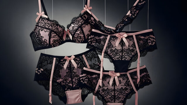hanging black pink lace sexy lingeri.flat lay.