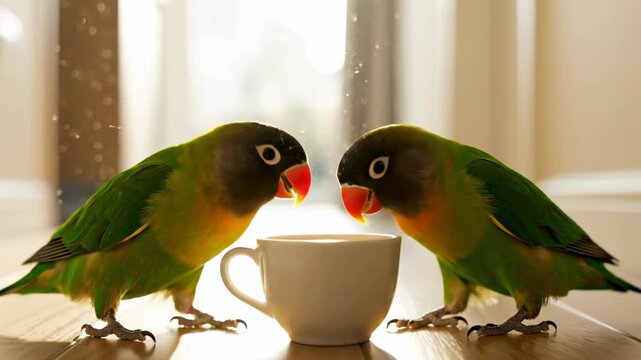 Charming lovebirds share a morning ritual, sipping from a white cup in a sunlit setting