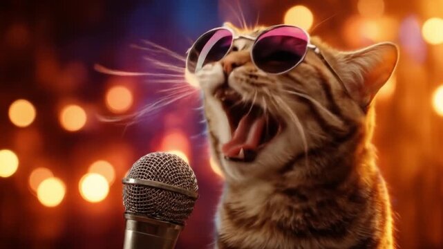 Close-up of a tabby cat wearing round sunglasses, singing into a microphone on a warm stage. Lights!
