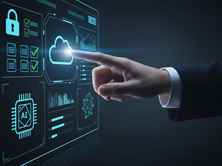 Hand interacting with holographic cloud computing interface on digital background showing cybersecurity and data synchronization concept. Digital Technology & Cybersecurity