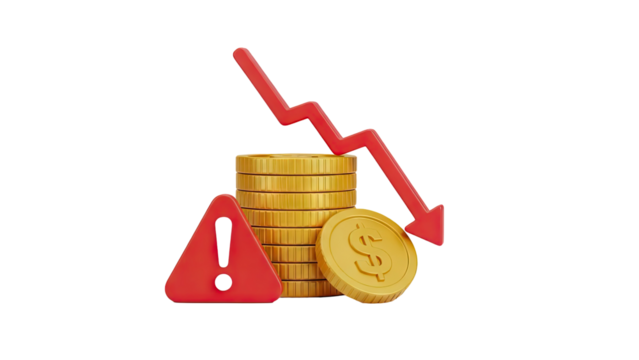 3D Financial Crisis Alert: Falling Coins and Red Downward Arrow on transparent background - Powered by Adobe
