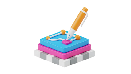 3D Icon of a Pen Drawing a Path on Blocks on transparent background