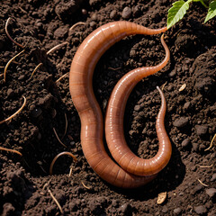 Earthworm on dark soil surface macro shot