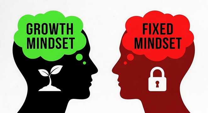 Growth mindset versus fixed mindset concept with human head silhouettes

