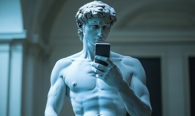 Sculpture of David using a cellphone to text or engage on social media. This modern twist on a classical statue highlights the fusion of art and technology in the digital age, Generative AI