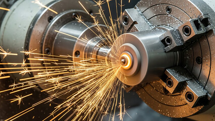 Close-up of a precision metalworking machine in operation, sparks flying during the grinding process