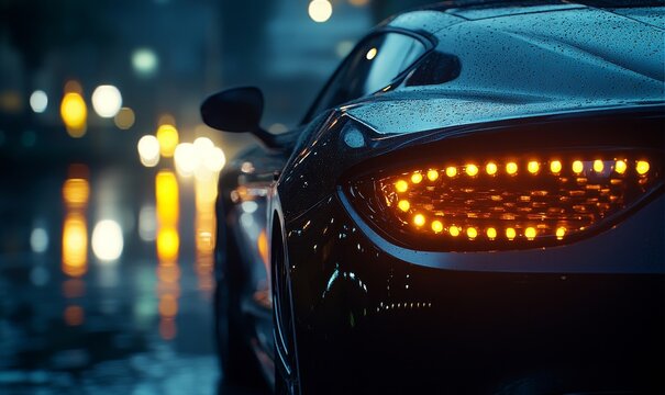 Close-up of a cars headlight at night, with sleek modern design and bokeh lights, representing car dealerships, vehicle sales, and service repairs. The image captures the allure, Generative AI