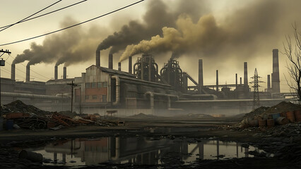 Industrial landscape with smoking factory chimneys polluting the atmosphere