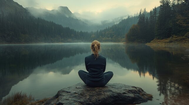 Meditation scene with a woman sitting on a mountain top, symbolizing mindfulness and tranquility. The view emphasizes natures beauty and the benefits of focusing on mental health, Generative AI