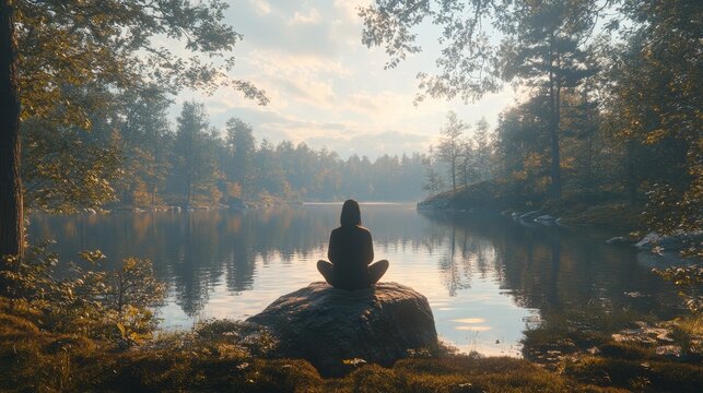 Meditation scene with a woman sitting on a mountain top, symbolizing mindfulness and tranquility. The view emphasizes natures beauty and the benefits of focusing on mental health, Generative AI