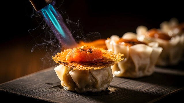 Blazing Torch on Gyoza Dumpling Dish.