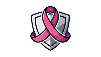 Pink ribbon symbol for breast cancer awareness on gray shield icon for health and support