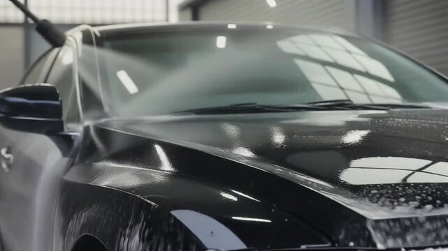 Close-up view of a black car being thoroughly cleaned with a high-pressure water jet at a car wash station.