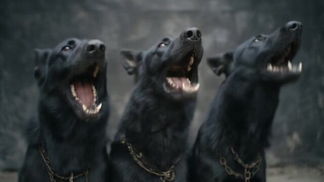 Three wolves howl in a line, snarling mouths open against a dark, moonlit backdrop with chains, icy