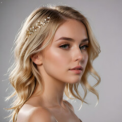 Studio portrait of blonde woman with elegant hairstyle