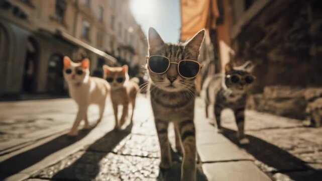 Bold, chic kittens strut along a sunlit street, sporting sunglasses and confident, curious whiskers