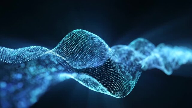 Wavy blue digital wave made of small points on a dark background with a glowing effect