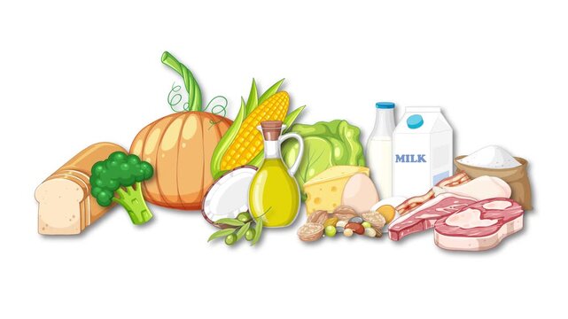 Animated Assembly of Diverse Food Groups on White Background