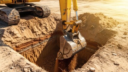 Fototapeta premium Excavators Shadow Digging Deep into Earth.