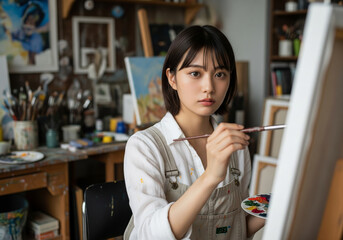 アトリエで真剣な眼差しでキャンバスに向かう芸術家の女性