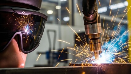 A welder wearing protective gear works with a welding torch in a workshop