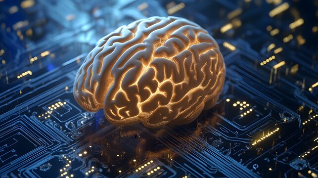 Illuminated glowing human brain resting upon a complex blue circuit board representing artificial intelligence and digital consciousness connection in technology - Powered by Adobe