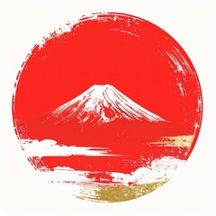 富士山の日本、和風イメージのイラスト素材（日の丸、白背景）