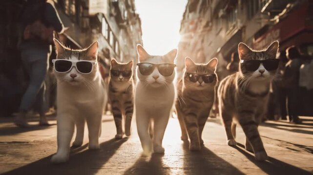 Five cats in sunglasses stride down a sunlit street, city silhouettes around them, chic and fearless