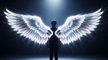 Silhouette of a person with glowing wings.