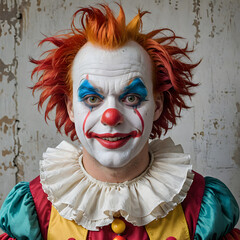 Creepy clown portrait with dramatic makeup and textured background