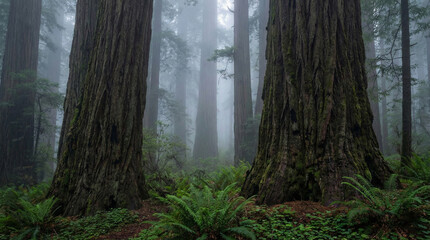 Misty Redwood Forest with Lush Ferns and Towering Trees